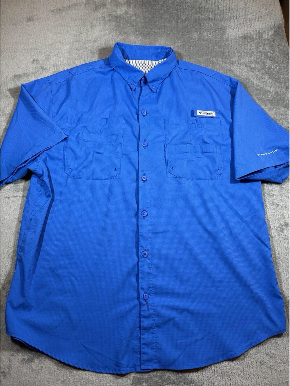 Columbia PFG Shirt Mens Large Blue Short Sleeve Button Up Fishing Vented Outdoor